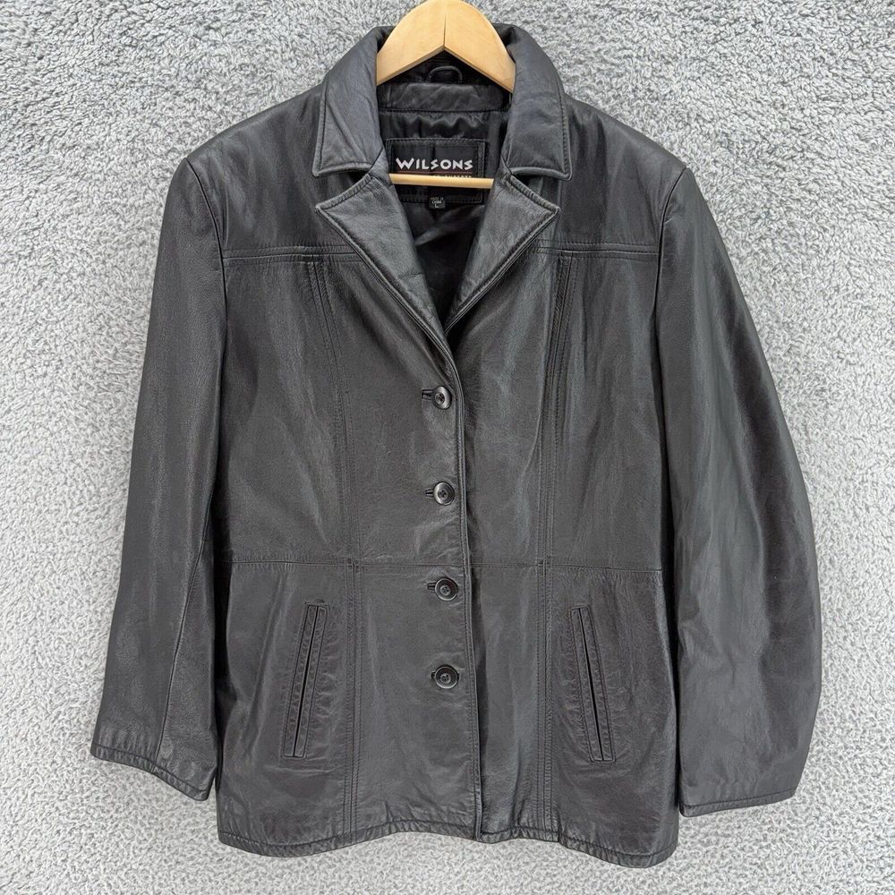 Vintage Wilsons Black Leather Jacket Womens Large Button Front‎ Pockets Lined